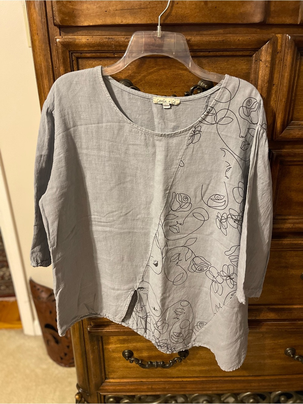 Casual Gray Linen Blend Floral-Panel Blouse